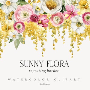 Primavera floreale bordo senza giunte Clipart Mimosa acquerello fiori soleggiati estate Clipart Pasqua modello senza giunture matrimonio invito carta PNG digitale
