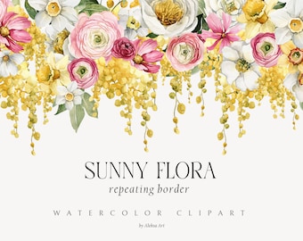 May include: Watercolor floral border illustration with pink, white, and yellow flowers, including ranunculus, daffodils, and mimosa. The text "SUNNY FLORA repeating border WATERCOLOR CLIPART by Aleksa Art" is at the bottom of the image.