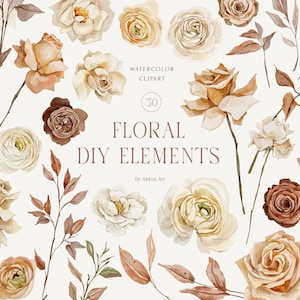 Aquarell Rosen Clipart Mokka Mousse Florals Elements, Rosen Clipart-Set Blumen, Hochzeit Clipart, Creme und braune Rosen, kommerzielle Nutzung