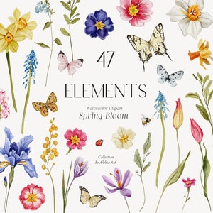 Fleurs de printemps Clipart aquarelle fleurs sauvages éléments petites fleurs botanique fleurs lumineuses printemps jardin papillons pour invitation de mariage