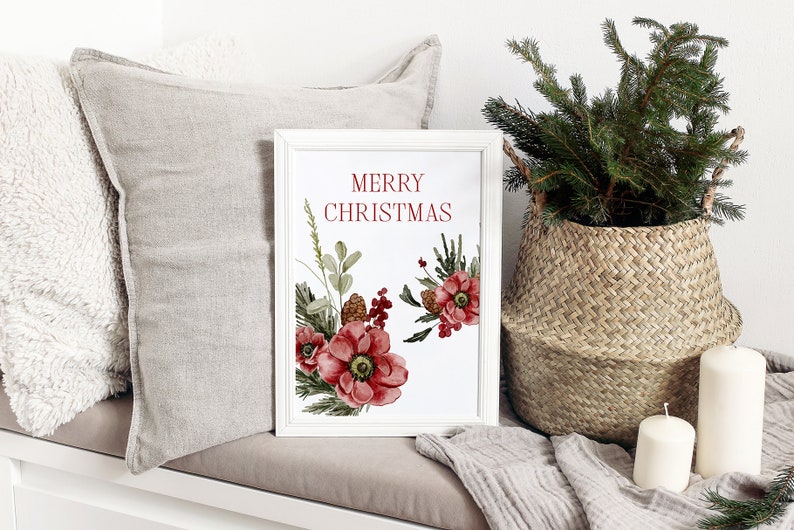 Watercolor Christmas Bouquet Clipart Winter Greenery Holiday Greeting Card Xmas Invitation Card Sublimation Print Red Flowers New Year image 2
