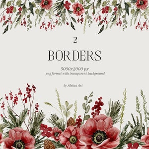 Bordure aquarelle de Noël clipart hiver confortable floral à feuilles persistantes bordure transparente fleurs rouges sublimation png vacances carte de voeux Noël Noël