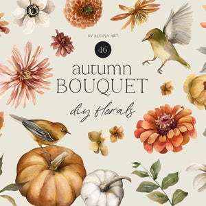 Aquarell Herbst Clipart Wildblumen Saison Blumen Herbst Vögel Hochzeit Einladen Karte Scrapbook Illustration DIY Elemente Florals Sublimation