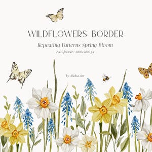 Primavera Wildflower Border Clipart Feliz Páscoa Aquarela Flores Delicadas Padrão Sem Costura Convite de Casamento Cartão de Aniversário Produto Digital