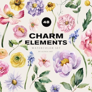 Aquarela Flores Botânicas Clipart Casamento Primavera Elementos Florais DIY Charme Flores Rosa Estética Sublimação Png Verão Conjunto Digital