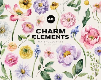 Watercolor Botanical Flowers Clipart Wedding Spring Floral Elements DIY Charm Pink Flowers Aesthetics Sublimation Png Summer Digital Set