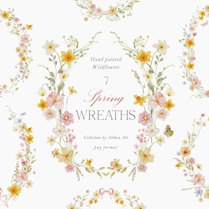 Imágenes prediseñadas de coronas de flores silvestres de acuarela, flores delicadas de pradera, flores amarillas para baby shower, flores de primavera, invitaciones para despedidas de soltera, marcos digitales de flores