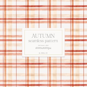May include: A seamless pattern featuring a red and beige plaid design. The pattern is created with watercolor and has a soft, textured look. The text "AUTUMN seamless pattern" is displayed in a white box in the center of the image.