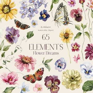 Fleurs sauvages de l'été Clipart fleurs printanières aquarelle prairie petites fleurs fleurs sauvages jardin botanique Clipart papillons pour invitation de mariage