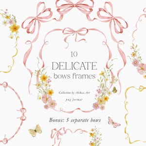 Acquerello carino fiocchi cornice fiocco bordo rosa e giallo nastro bambino clipart per baby shower, matrimonio, Pasqua, primo compleanno clipart digitale