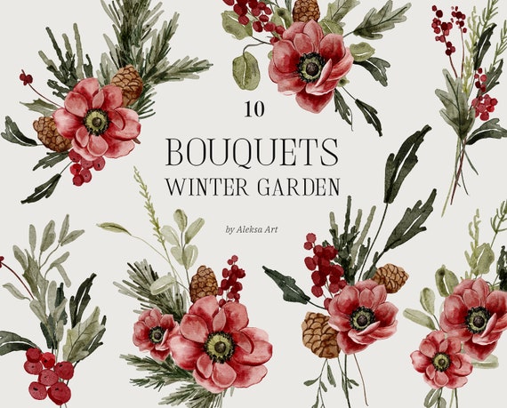 Watercolor Christmas Bouquet Clipart Winter Greenery Holiday Greeting Card Xmas Invitation Card Sublimation Print Red Flowers New Year
