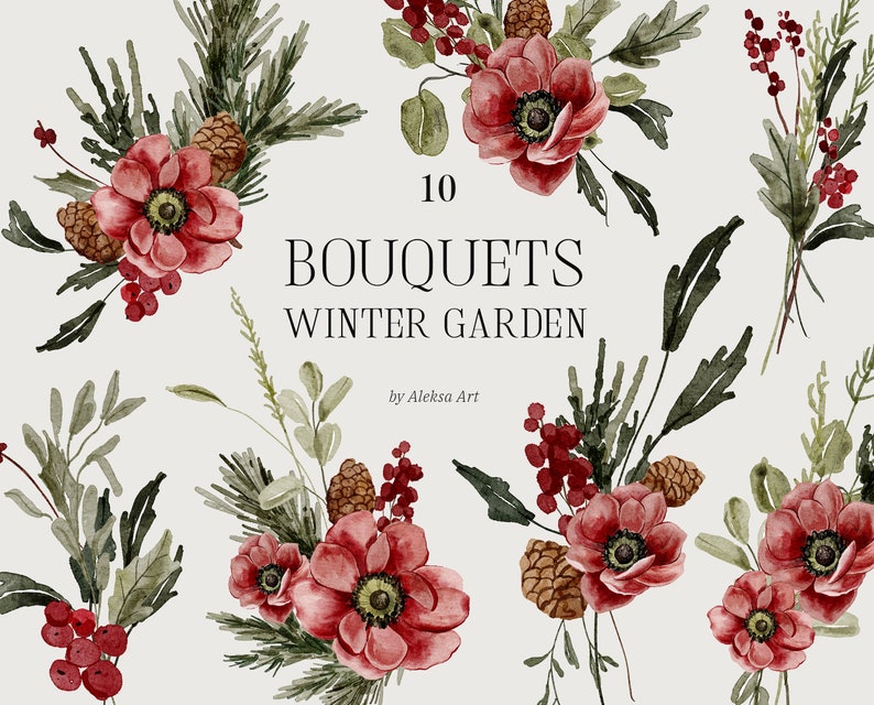 Watercolor Christmas Bouquet Clipart Winter Greenery Holiday Greeting Card Xmas Invitation Card Sublimation Print Red Flowers New Year image 1