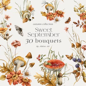 Wald Herbst Arrangements Clipart - Saison Blumen Herbst Blumensträuße - Vintage Wald - Herbst Blumen Komposition - Baby Shower Sublimationsdruck