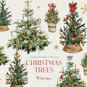 Clipart de árvore de Natal em aquarela - Cartão sazonal de inverno, Clipart de inverno em aquarela, Árvore de Natal decorada, Uso comercial de clipart