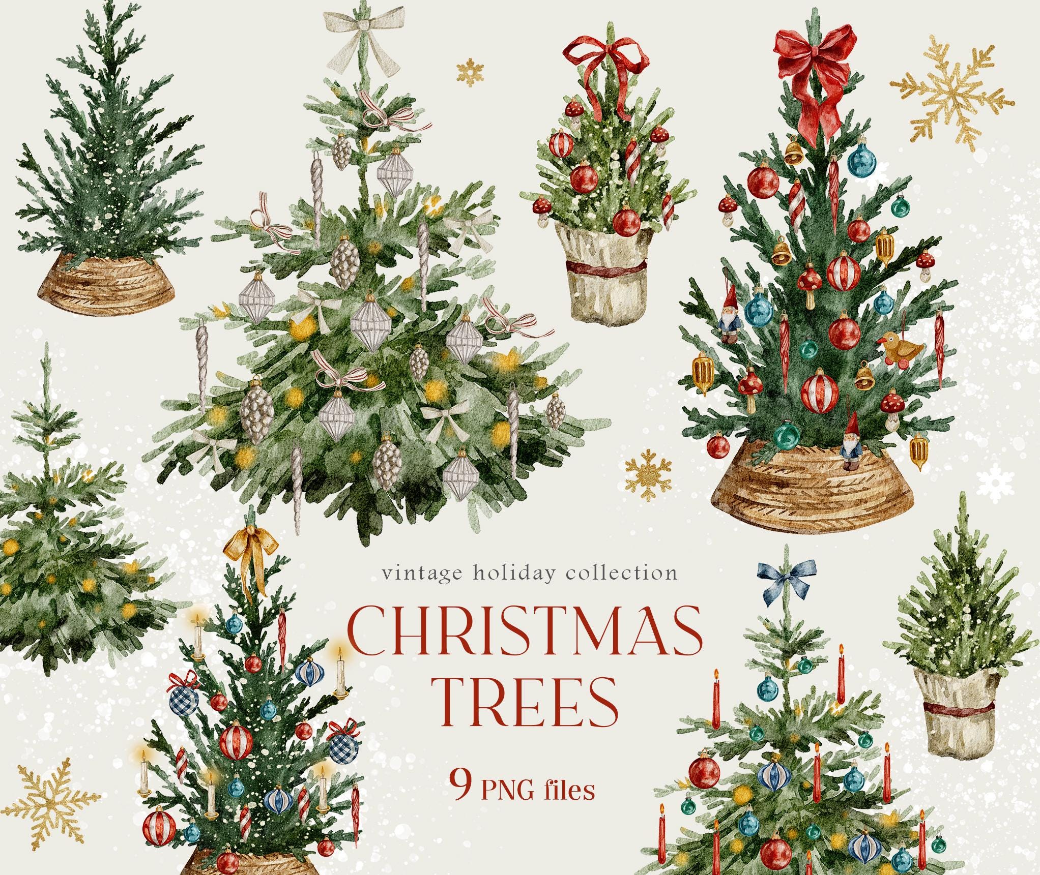 Watercolor Christmas Tree Clipart - Seasonal Winter Card, Watercolor Winter Clipart, Decorated Christmas Tree, Clipart Commercial use