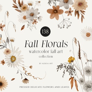 Watercolor Wildflowers Autumn Clipart Season Tiny Pressed Flowers Fall Leaves Wedding Invite Card Collection Florals Pattern Sublimation Png