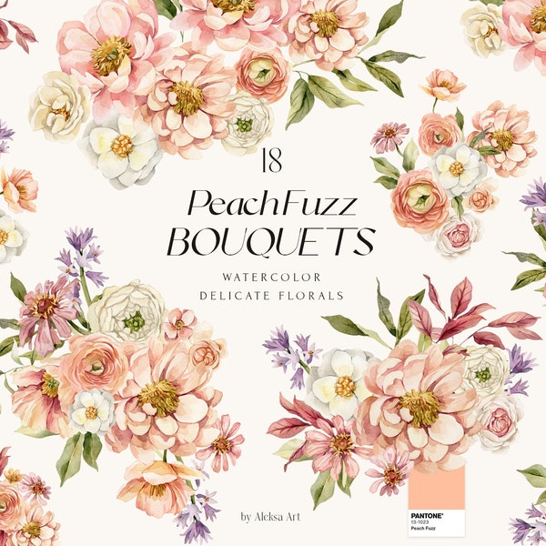 Peach Fuzz Floral Bouquets Watercolor Clipart Peachy Flowers Peonies Clipart Elegant Florals Arrangements Bridal Shower Wedding Invite Card