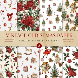 May include: Eight vintage Christmas seamless patterns featuring red roses, Christmas trees, candy canes, presents, and children in winter clothing. The patterns are 4000 x 4000 pixels and 300 dpi resolution.