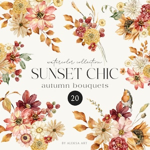 Acuarela Otoño Ramo Clipart Temporada Flores Otoño Arreglo Floral Sublimación Impresión Boda Invitación Tarjeta Saludo Tarjeta de Acción de Gracias