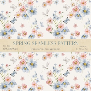 May include: A seamless pattern featuring delicate pink and blue watercolor flowers, butterflies, and dragonflies on a white background. The text "SPRING SEAMLESS PATTERN" is displayed on a brown banner.