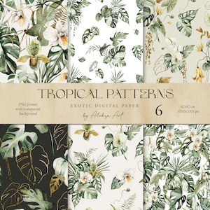 Tropical Digital Paper Clipart Seamless Pattern Scrapbook Pattern Tropical Flowers and Leaves Exotic Clipart Wrapping Sublimation Print