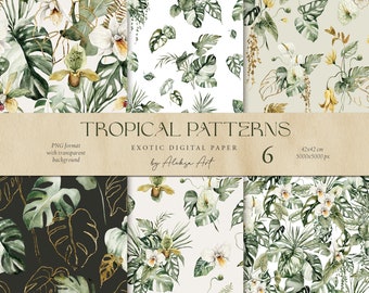 May include: Six digital paper patterns featuring tropical leaves and flowers in shades of green, white, and gold. The patterns are 42x42 cm and 5000x5000 pixels.