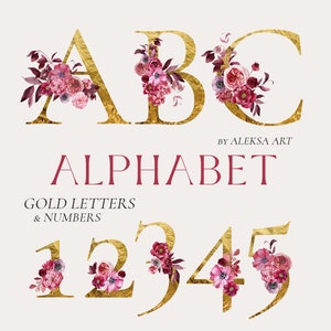 Gold Alphabet & Zahlen Magenta Blumen Aquarell Clipart Rose Pink Blume Buchstaben Monogramm Poster Hochzeit Typografie Sublimation Png