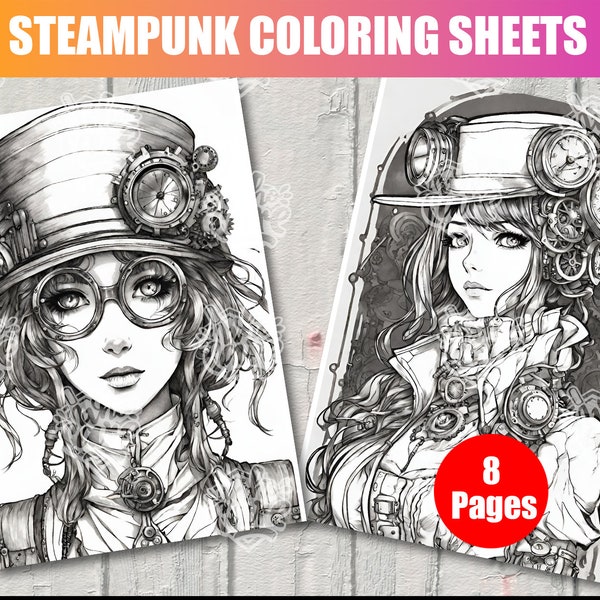 Portrait Steampunk Coloring Sheets, Steampunk Girls Coloring Pages, Printable PDF File, Digital Download, Print & Coloring Yourself.