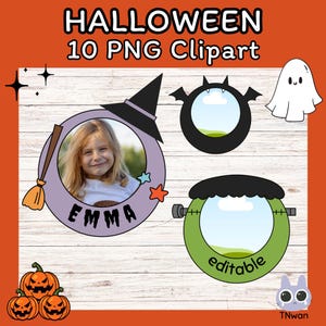 May include: Digital Halloween-themed clipart design. The image includes a witch's hat, a bat, a ghost, and a Frankenstein's monster design. The words "Halloween" and "10 PNG Clipart" are displayed at the top. The name "Emma" is also visible.