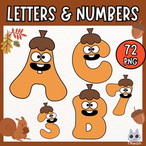 72 ekollonalfabet PNG, söta höstbokstäver och siffror Clipart, höstkul typsnitt utskrivbara, klassrumsinlärning digital nedladdning, barnclipart