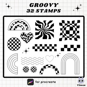 May include: A set of 32 groovy black and white digital stamps for Procreate. The stamps feature various designs, including rainbows, hearts, checkerboard patterns, and wavy lines.