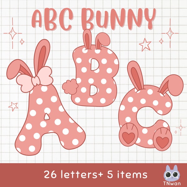 Easter Bunny Alphabet Letters PNG ,Easter Doodle Alphabet,Easter Eggs,Easter PNG Sublimation,rabbit alphabet,polkadot alphabet,bunny ears