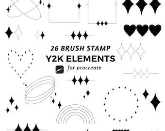 May include: A set of 26 black and white brush stamp elements for Procreate, featuring Y2K-inspired designs like hearts, stars, arches, and circles.