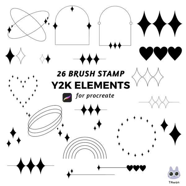 26 Procreate Star Brush Stamp,y2k shape element,Futuristic Line Art Brushes,Glitter, Sparkle,heart ,checkered,y2k frame, retro brush stamp