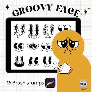 Groovy Face Procreate Brush Stamps: Retro Y2K Cartoon (16 Stamps)
