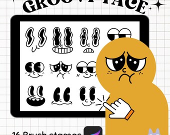 Groovy Face Procreate Brush Stamps: Retro Y2K Cartoon (16 Stamps)