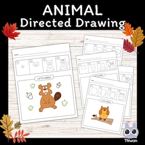 Op de afbeelding: Witte papieren vellen met de tekst "ANIMAL Directed Drawing" en "LET'S DRAW". Elke vel biedt stapsgewijze instructies voor het tekenen van dieren, waaronder een bever en een uil. De achtergrond is hout met herfstbladeren.