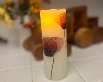 Battery Operated Flameless Pillar Candle with Red Poppies
