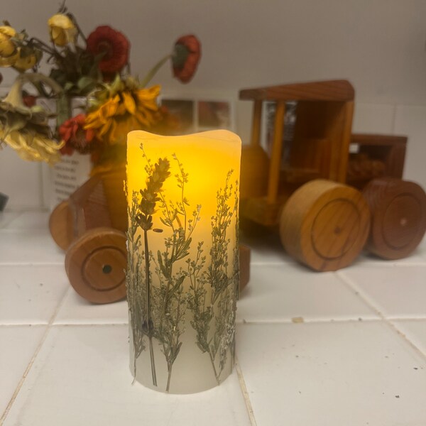 Battery Operated Flameless Pillar Candle with Wild Sage and Lavender