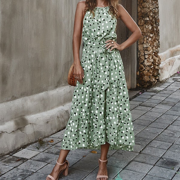 Robe Longue Vert Bohème Chic- Robe à pois vert - Robe été- Robe à bretelles ajustables- Robe taille haute