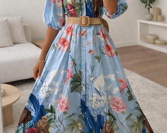 Vestido bohemio azul floral para mujer con bolsillos, vestido camisero midi acampanado con cinturón, elegante vestido tropical de entretiempo, elegante vestido vintage