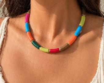 Boho chic multicolored beaded necklace, colorful summer necklace, women's costume jewelry, trendy vacation costume necklace