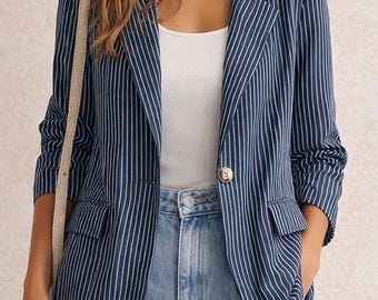 Blazer ligero de rayas azules para mujer, chaqueta elegante de entretiempo de corte ajustado, blazer minimalista elegante, chaqueta casual chic de corte sastre para mujer - Chaqueta estilo camisa