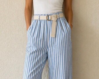 Pantalones anchos de mujer a rayas, pantalones fluidos con cintura elástica y cinturón, pantalones elegantes de verano, pantalones cómodos estilo boho, pantalones de entretiempo.