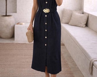 Elegante vestido azul marino para mujer | Vestido midi chic sin mangas con cinturón | Vestido veraniego minimalista y versátil | Vestido vaquero con cinturón