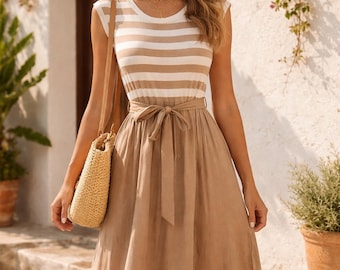 Vestido de verano para mujer a rayas color camel con bolsillos, vestido boho chic con cinturón, vestido midi acampanado, vestido elegante informal sin mangas.