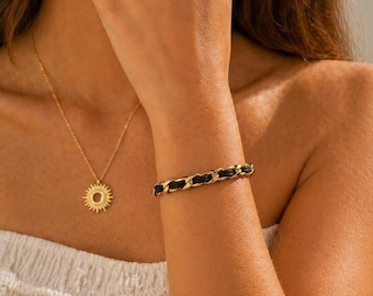 Black and gold braided stainless steel bracelet, chic minimalist women's bracelet, trendy adjustable jewelry, gift idea for women