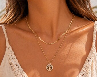 Gold-plated double-strand necklace with tree of life pendant, minimalist chic women's jewelry, trendy stainless steel necklace, gift for women