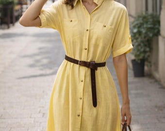 Vestido camisero amarillo con cinturón para mujer, vestido midi de algodón de verano, elegante vestido con botones, vestido casual chic para mujer, talla única