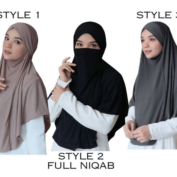 3 Styles in 1 Instant Khimar Hijab Niqab bereit für Salah Umrah Raffhalter Premium Jersey Lycra Bügelloser französischer Khimar knitterfrei